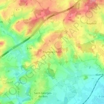 Topografische kaart Pruillé-le-Chétif, hoogte, reliëf