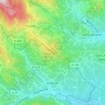 Topografische kaart Juliénas, hoogte, reliëf