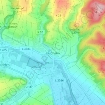 Topografische kaart Bergheim, hoogte, reliëf