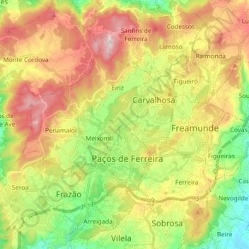 Topografische kaart Paços de Ferreira, hoogte, reliëf