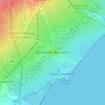 Topografische kaart Burriana, hoogte, reliëf