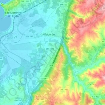 Topografische kaart Alfeizerão, hoogte, reliëf