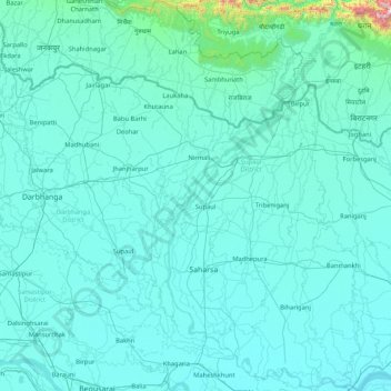 Topografische kaart Koshi River, hoogte, reliëf