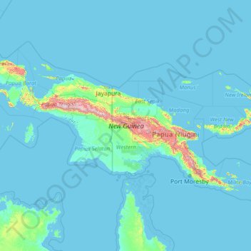 Topografische kaart Neuguinea, hoogte, reliëf