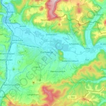 Topografische kaart Eschwege, hoogte, reliëf