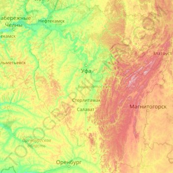Topografische kaart Башкортостан, hoogte, reliëf