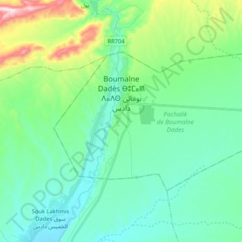 Topografische kaart Boumalne Dadès ⴱⵓⵎⴰⵍⵏ ⴷⴰⴷⵙ بومالن دادس, hoogte, reliëf