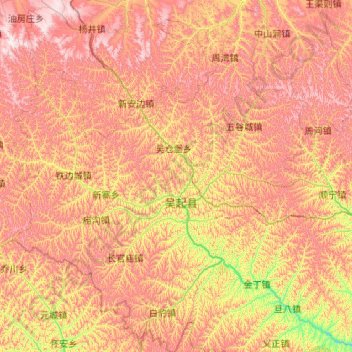 Topografische kaart Wuqi County, hoogte, reliëf