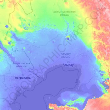 Topografische kaart Oblast Atıraw, hoogte, reliëf