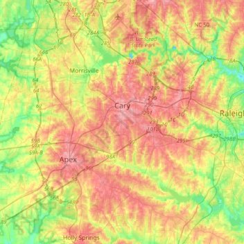 Topografische kaart Cary, hoogte, reliëf