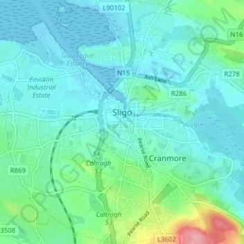 Topografische kaart Sligo, hoogte, reliëf