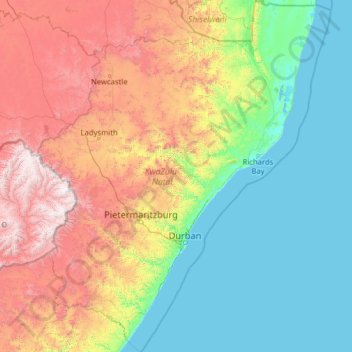 Topografische kaart KwaZoeloe-Natal, hoogte, reliëf