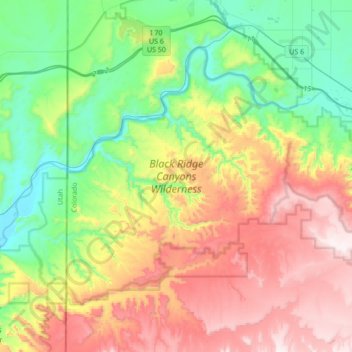 Topografische kaart Black Ridge Canyons Wilderness Area, hoogte, reliëf