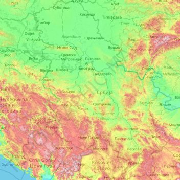 Topografische kaart Servië, hoogte, reliëf