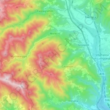 Topografische kaart Mulazzo, hoogte, reliëf