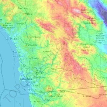 Topografische kaart San Diego County, hoogte, reliëf