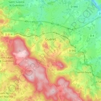 Topografische kaart Guéret, hoogte, reliëf