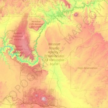 Topografische kaart Western Navajo Agency, hoogte, reliëf