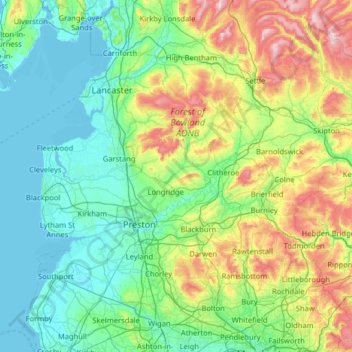 Topografische kaart Lancashire, hoogte, reliëf