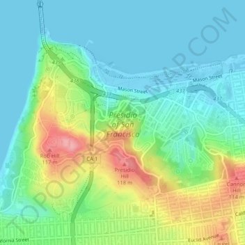 Topografische kaart Presidio of San Francisco, hoogte, reliëf