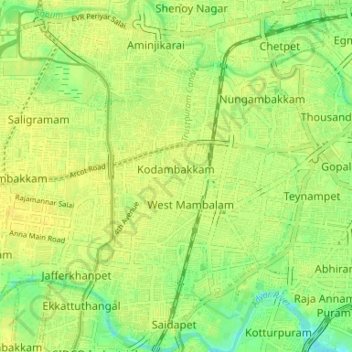 Topografische kaart Zone 10 Kodambakkam, hoogte, reliëf