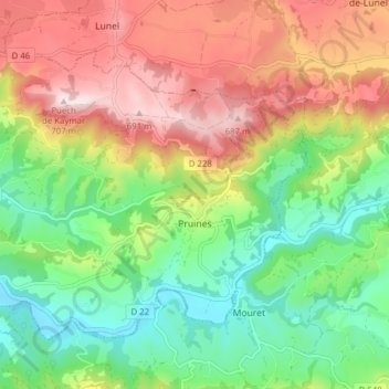 Topografische kaart Pruines, hoogte, reliëf