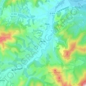Topografische kaart Ance, hoogte, reliëf