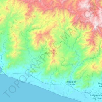 Topografische kaart Técpan de Galeana, hoogte, reliëf