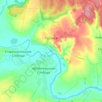 Topografische kaart Пронск, hoogte, reliëf