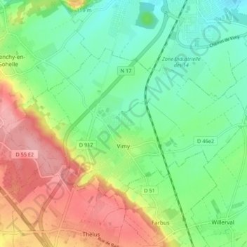 Topografische kaart Vimy, hoogte, reliëf