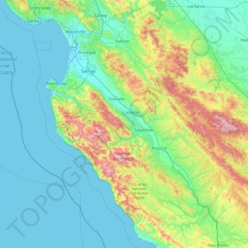 Topografische kaart Monterey County, hoogte, reliëf