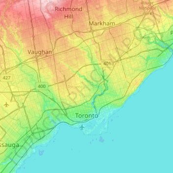 Topografische kaart Toronto, hoogte, reliëf