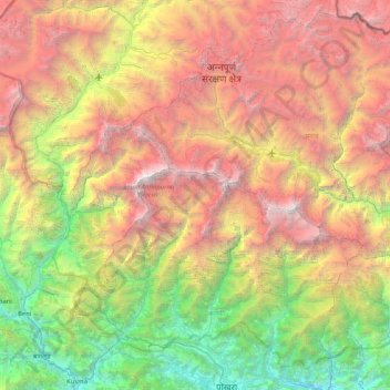 Topografische kaart Annapurna Himal, hoogte, reliëf