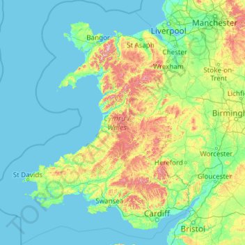 Topografische kaart Wales, hoogte, reliëf