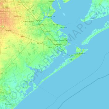 Topografische kaart Galveston County, hoogte, reliëf