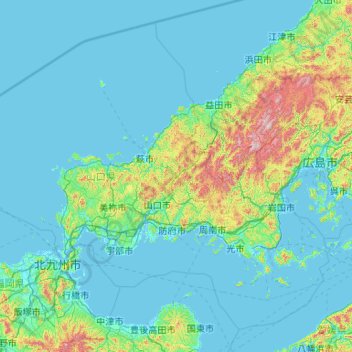 Topografische kaart Préfecture de Yamaguchi, hoogte, reliëf