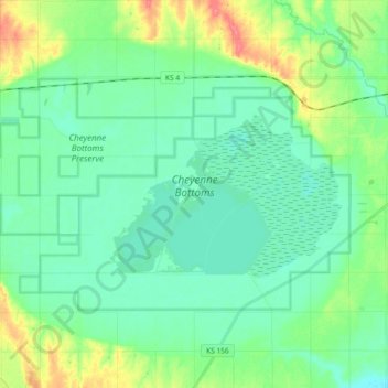Topografische kaart Cheyenne Bottoms, hoogte, reliëf