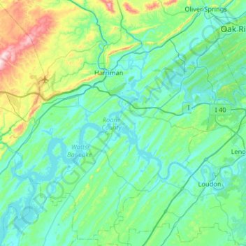 Topografische kaart Roane County, hoogte, reliëf