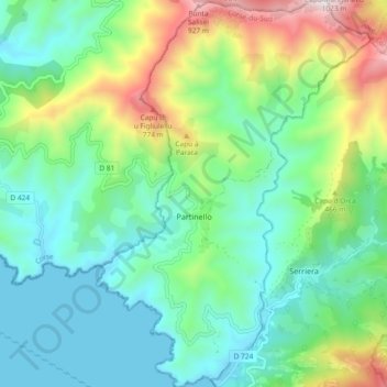 Topografische kaart Partinello, hoogte, reliëf