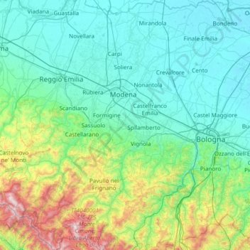 Topografische kaart Modena, hoogte, reliëf