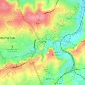 Topografische kaart Yeovil, hoogte, reliëf