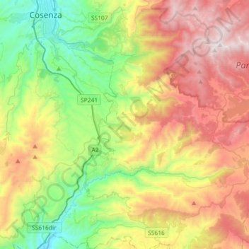 Topografische kaart Aprigliano, hoogte, reliëf