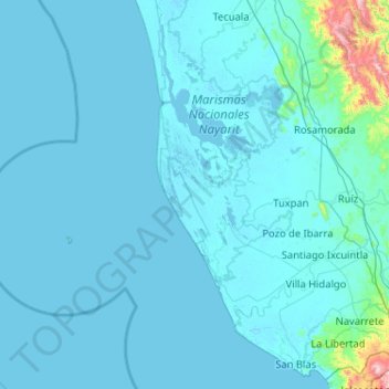 Topografische kaart Santiago Ixcuintla, hoogte, reliëf