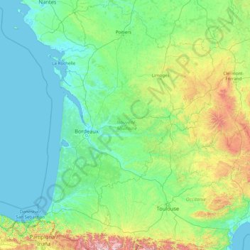 Topografische kaart Nouvelle-Aquitaine, hoogte, reliëf