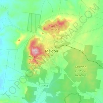 Topografische kaart Maldon, hoogte, reliëf