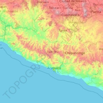 Topografische kaart Guerrero, hoogte, reliëf