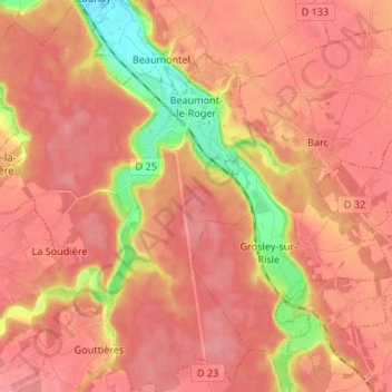 Topografische kaart Beaumont-le-Roger, hoogte, reliëf