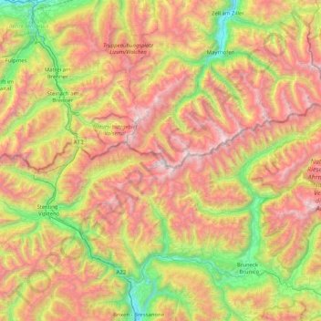 Topografische kaart Zillertaler Alpen, hoogte, reliëf