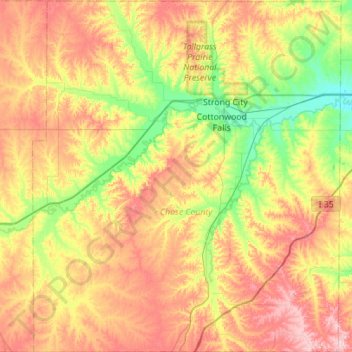 Topografische kaart Chase County, hoogte, reliëf