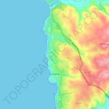 Topografische kaart Ericeira, hoogte, reliëf